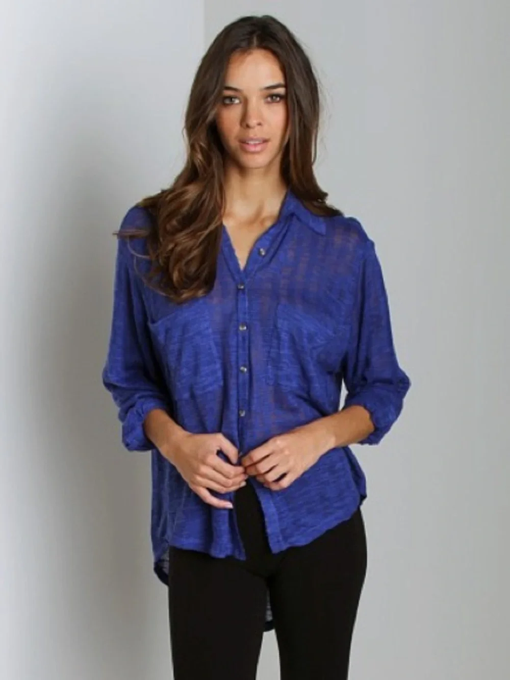Free People Beach Reality Bites Oversized Button Front Top Electric Blue Shirt